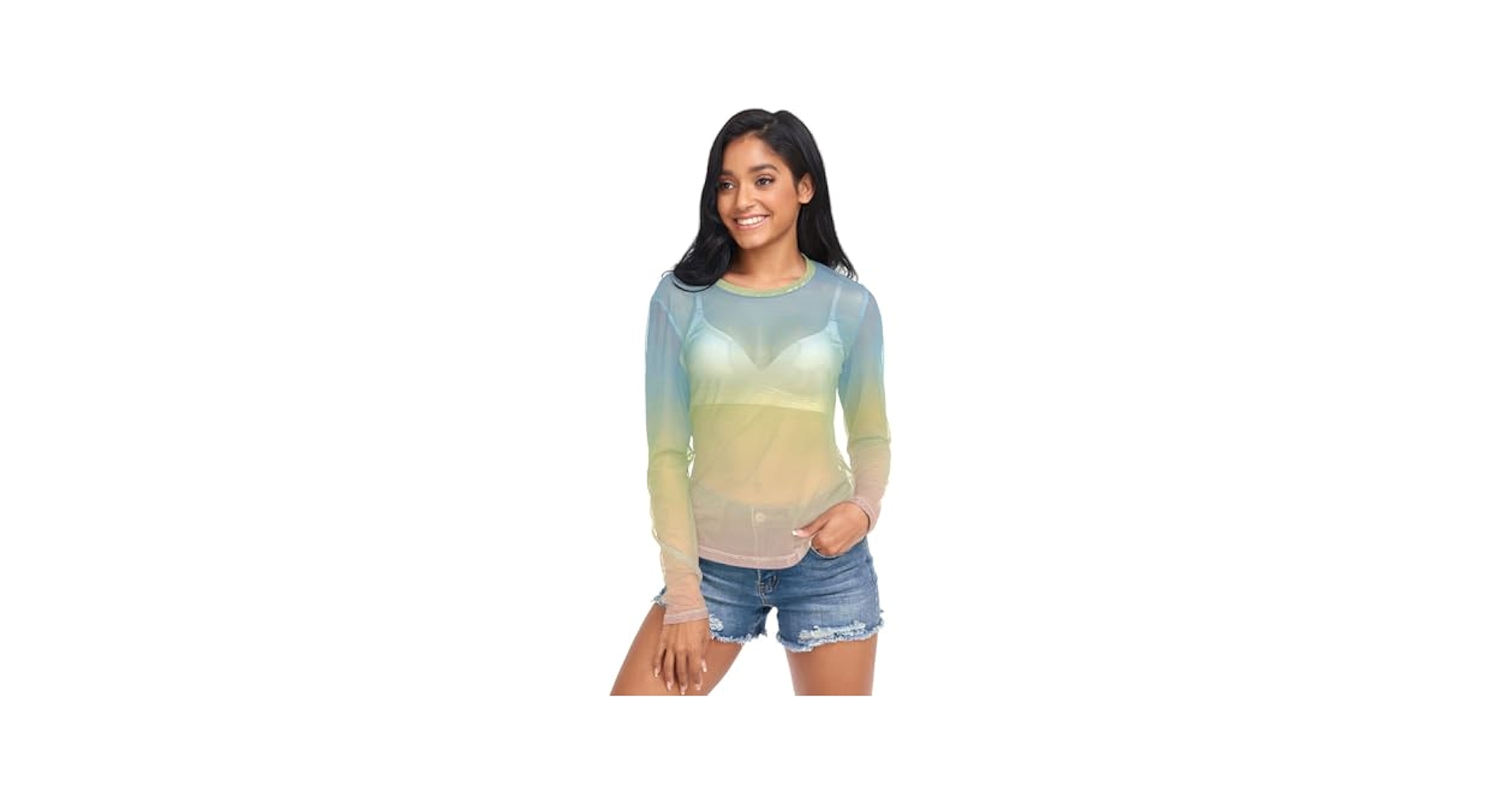 Blue Purple Gradient Long Sleeve Sheer Blouse See Through
